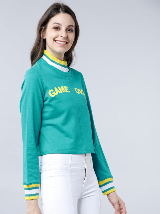 Tokyo Talkies Women Green Printed Pullover Round Neck Sweatshirt - Green - Image 5