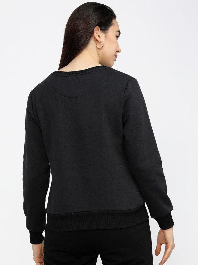 Tokyo Talkies Women Black Solid Pullover Round Neck Sweatshirt - Black - Image 2