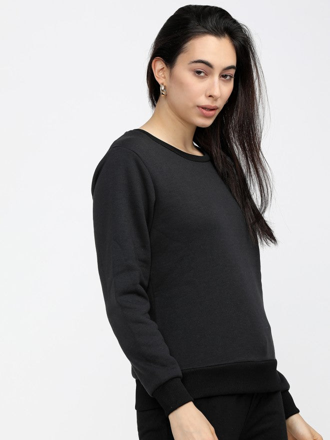 Tokyo Talkies Women Black Solid Pullover Round Neck Sweatshirt - Black - Image 5