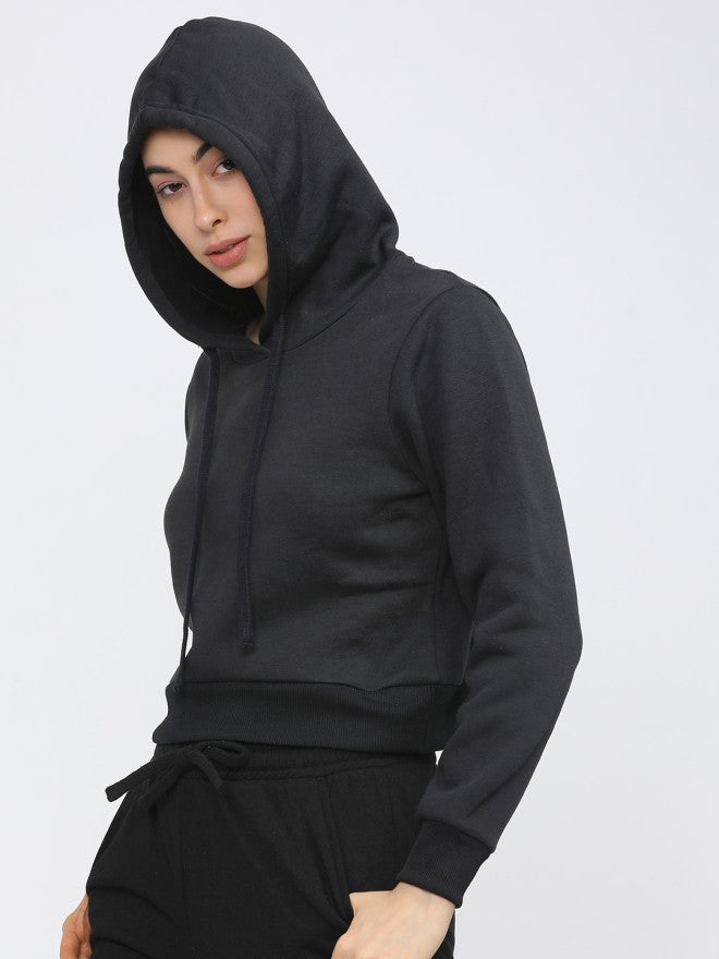 Tokyo Talkies Women Black Solid Pullover Hood Sweatshirt - Black - Image 1