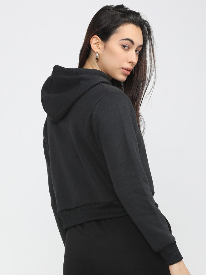 Tokyo Talkies Women Black Solid Pullover Hood Sweatshirt - Black - Image 2
