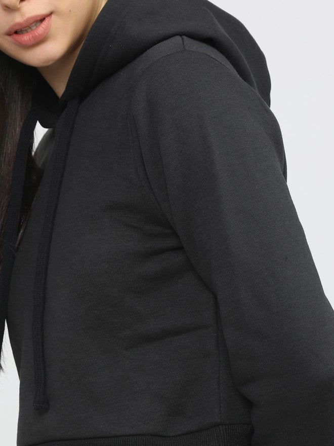 Tokyo Talkies Women Black Solid Pullover Hood Sweatshirt - Black - Image 3