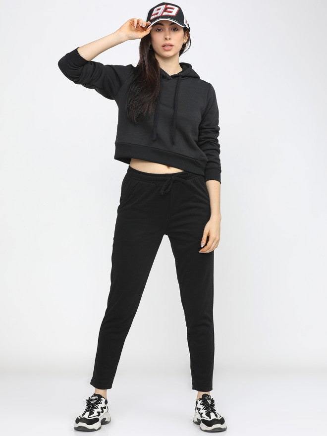 Tokyo Talkies Women Black Solid Pullover Hood Sweatshirt - Black - Image 4