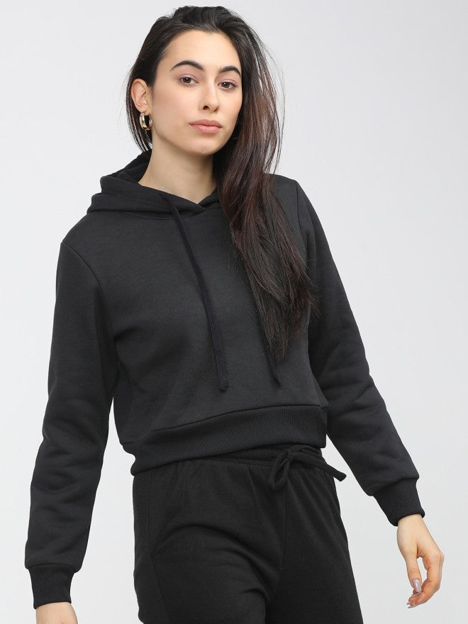 Tokyo Talkies Women Black Solid Pullover Hood Sweatshirt - Black - Image 5