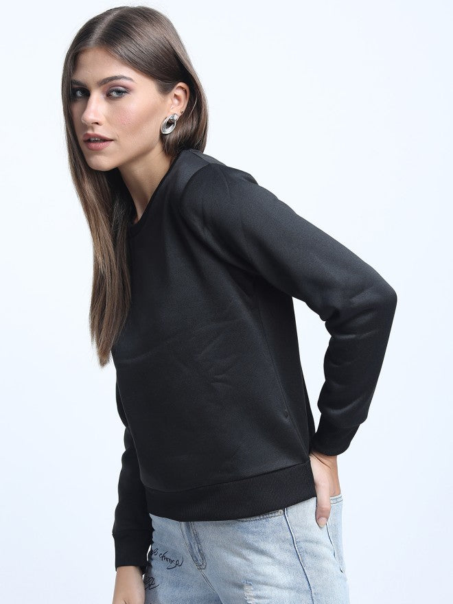Tokyo Talkies Women Black Solid Pullover Round Neck Sweatshirt - Black - Image 1