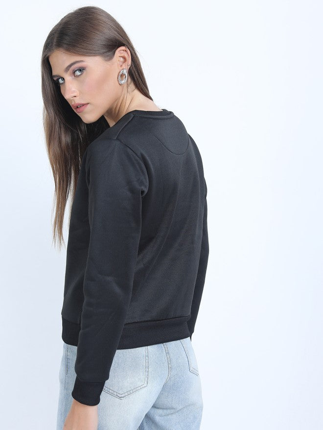 Tokyo Talkies Women Black Solid Pullover Round Neck Sweatshirt - Black - Image 2