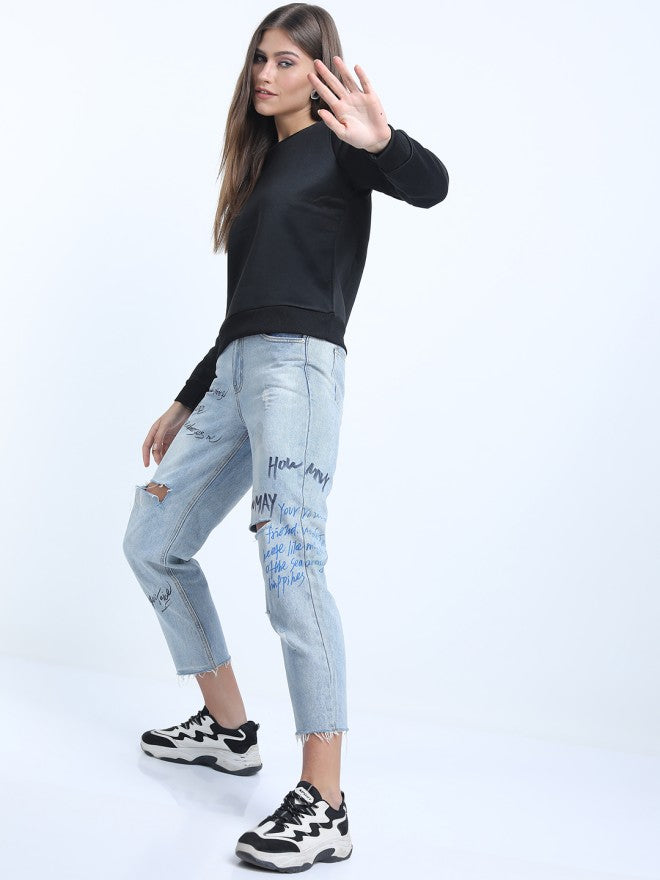 Tokyo Talkies Women Black Solid Pullover Round Neck Sweatshirt - Black - Image 4