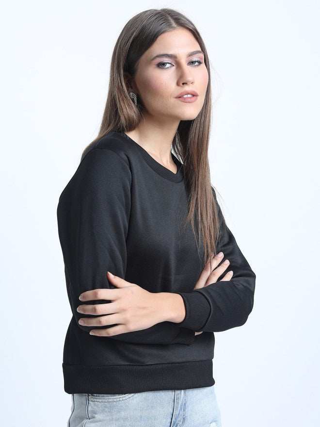 Tokyo Talkies Women Black Solid Pullover Round Neck Sweatshirt - Black - Image 5