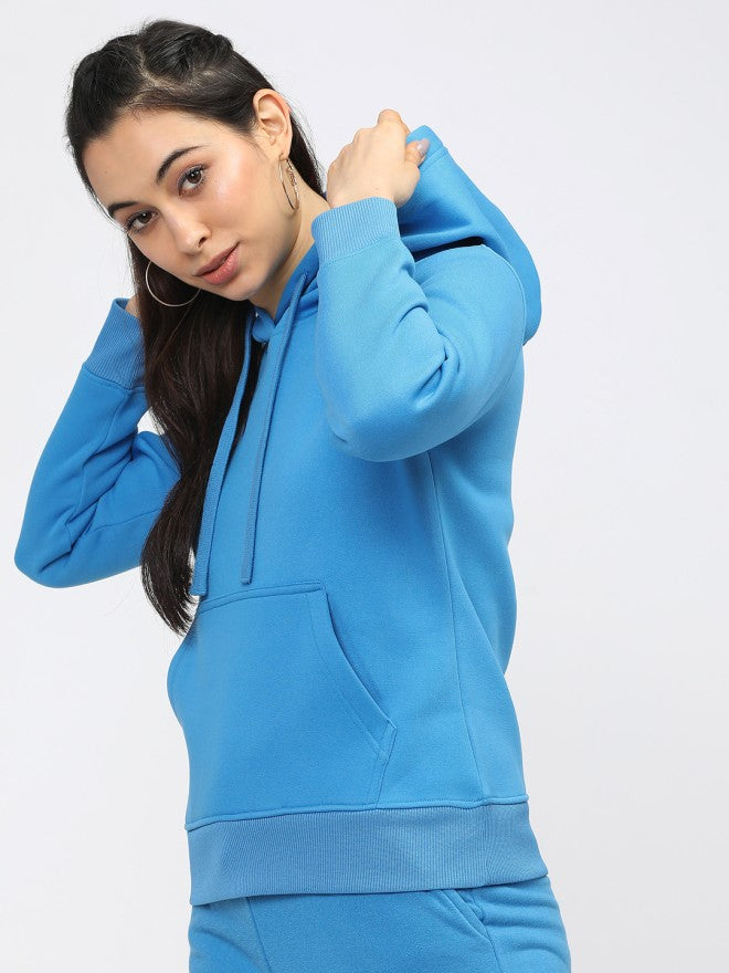 Tokyo Talkies Women Blue Solid Pullover Hood Sweatshirt - Blue - Image 1