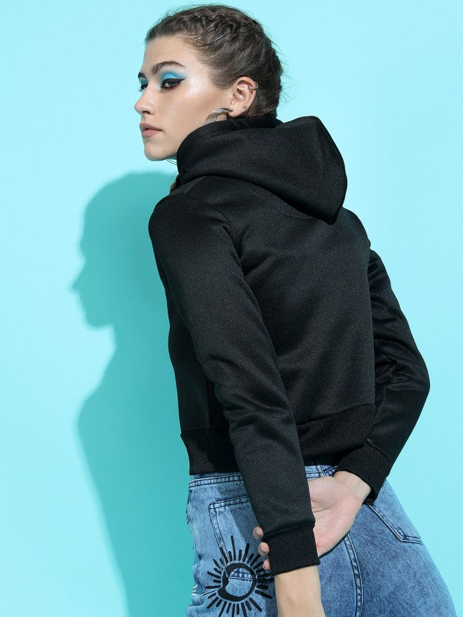 Tokyo Talkies Women Black Solid Front Open Hood Sweatshirt - Black - Image 2