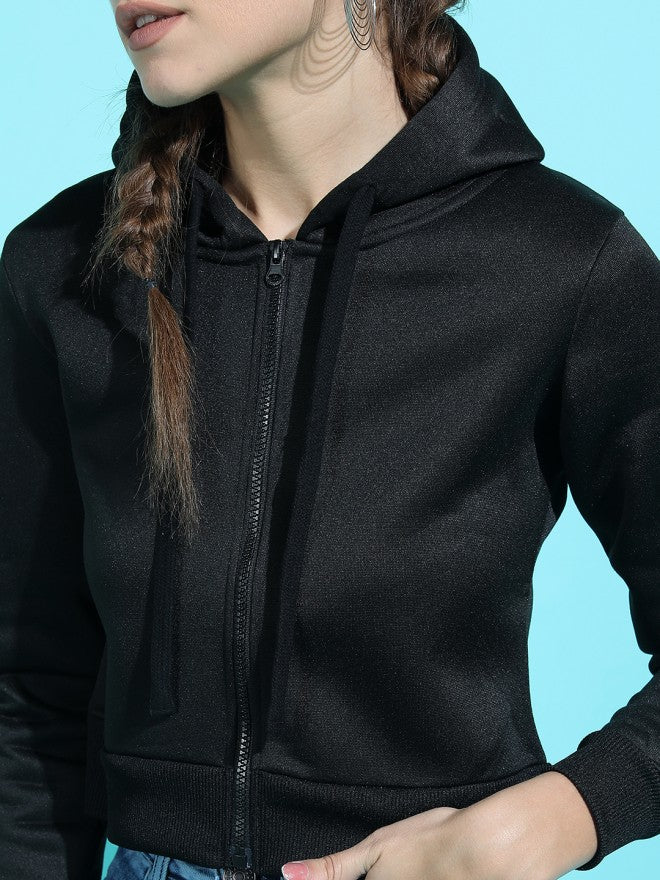 Tokyo Talkies Women Black Solid Front Open Hood Sweatshirt - Black - Image 3