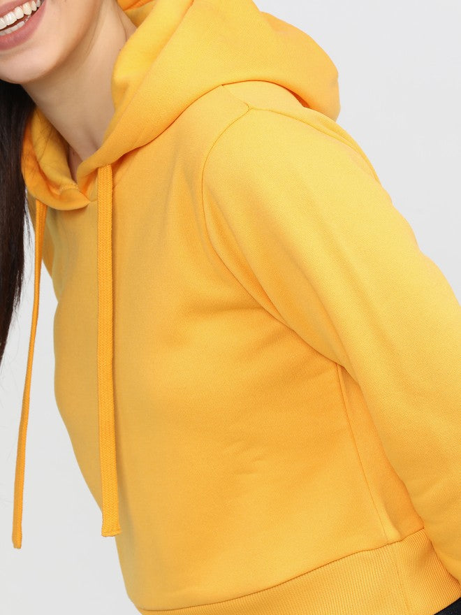 Tokyo Talkies Women Yellow Solid Pullover Hood Sweatshirt - Yellow - Image 3