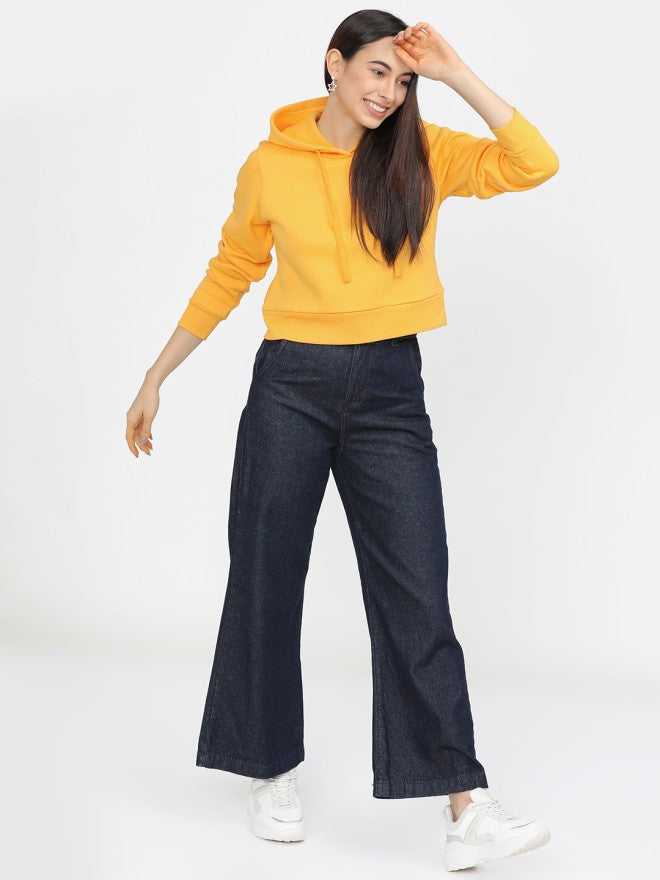 Tokyo Talkies Women Yellow Solid Pullover Hood Sweatshirt - Yellow - Image 4