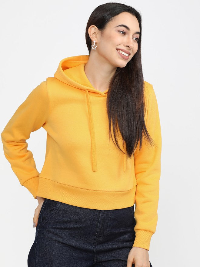 Tokyo Talkies Women Yellow Solid Pullover Hood Sweatshirt - Yellow - Image 5