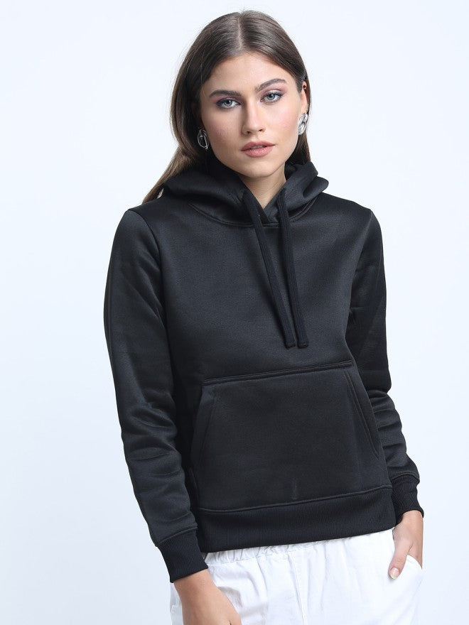 Tokyo Talkies Women Black Solid Pullover Hood Sweatshirt - Black - Image 1