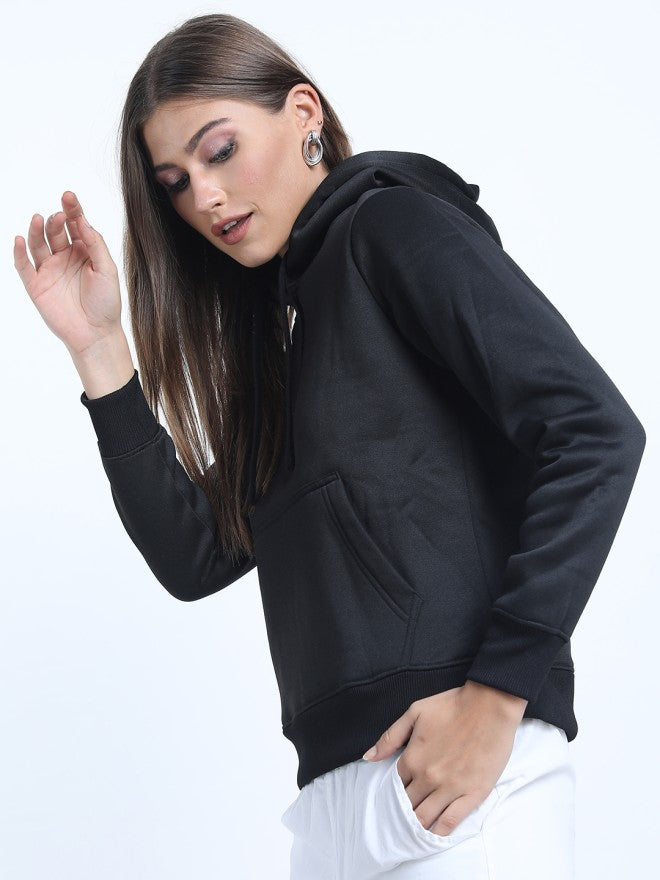 Tokyo Talkies Women Black Solid Pullover Hood Sweatshirt - Black - Image 2