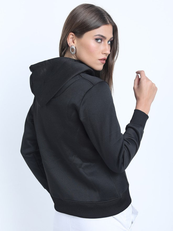 Tokyo Talkies Women Black Solid Pullover Hood Sweatshirt - Black - Image 3