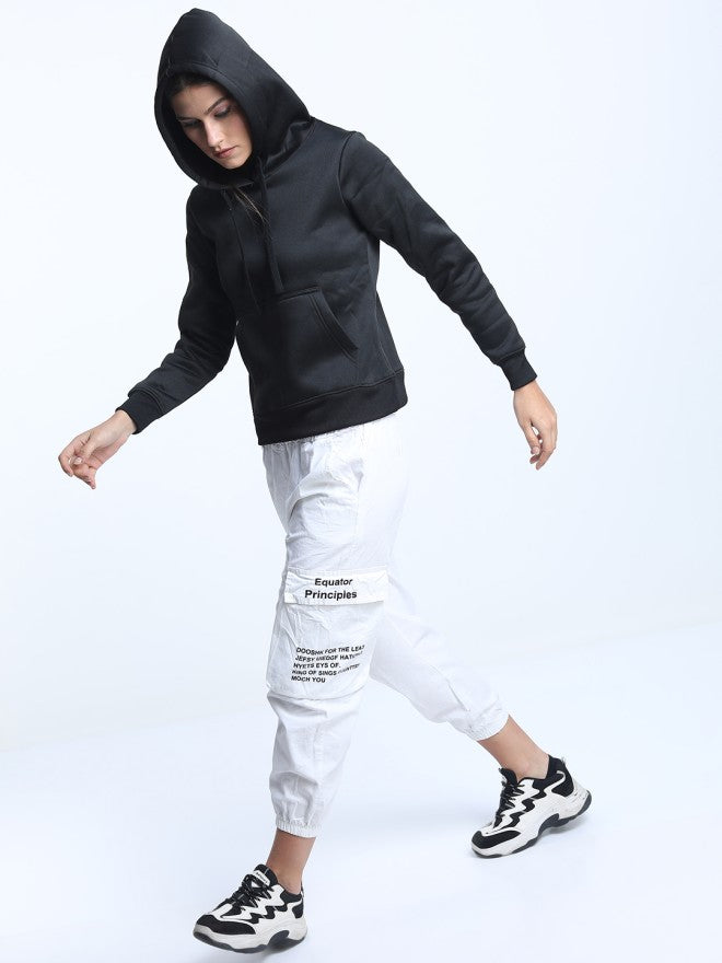 Tokyo Talkies Women Black Solid Pullover Hood Sweatshirt - Black - Image 5