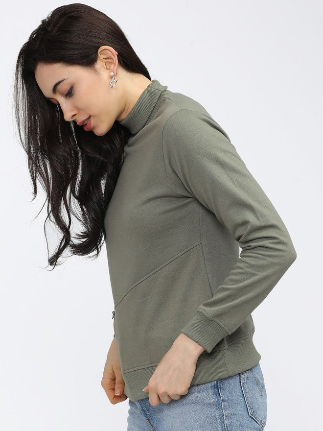Tokyo Talkies Women Green Solid Pullover High Neck Sweatshirt - Green - Image 1