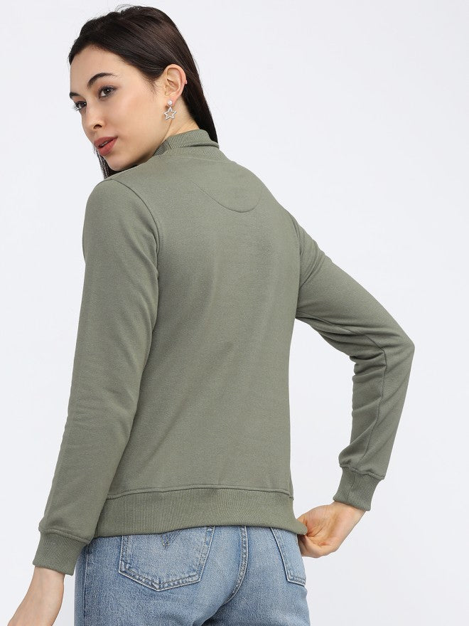 Tokyo Talkies Women Green Solid Pullover High Neck Sweatshirt - Green - Image 2