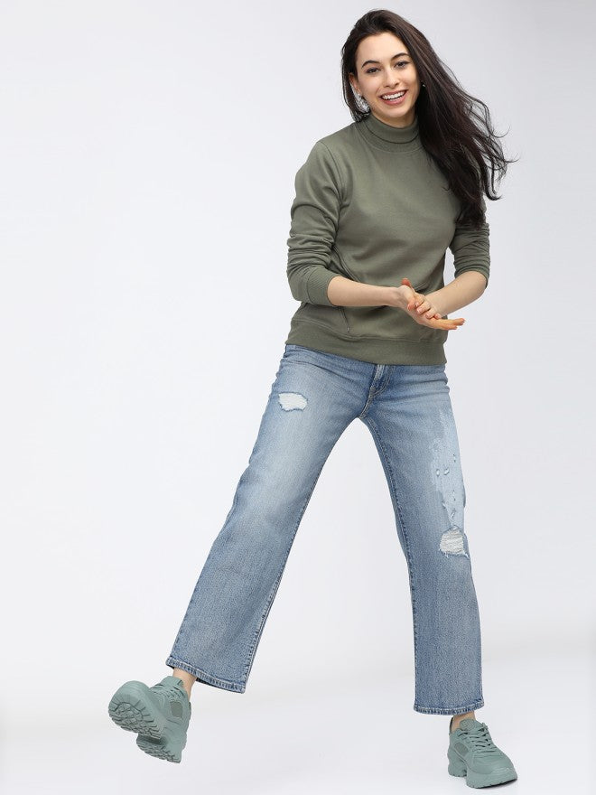 Tokyo Talkies Women Green Solid Pullover High Neck Sweatshirt - Green - Image 4