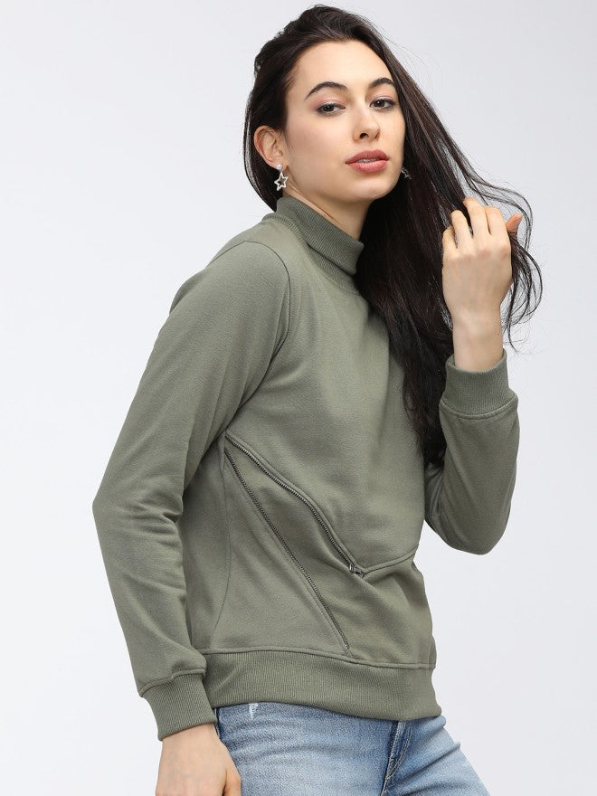 Tokyo Talkies Women Green Solid Pullover High Neck Sweatshirt - Green - Image 5