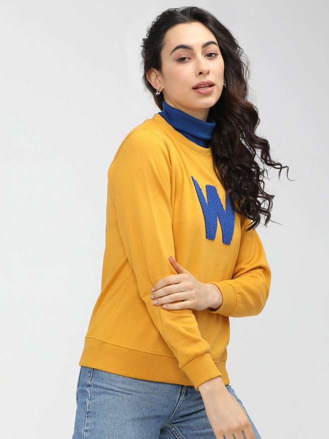 Tokyo Talkies Women Mustard Printed Pullover High Neck Sweatshirt - Mustard - Image 5