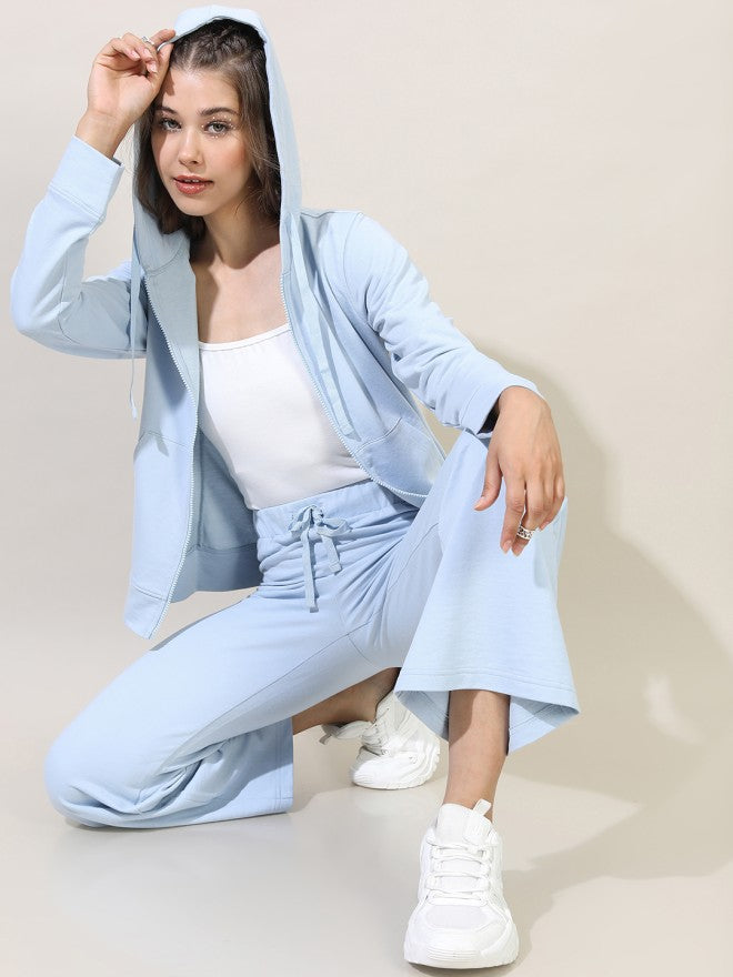 Tokyo Talkies Women Blue Solid Front Open Hood Sweatshirt - Blue - Image 1