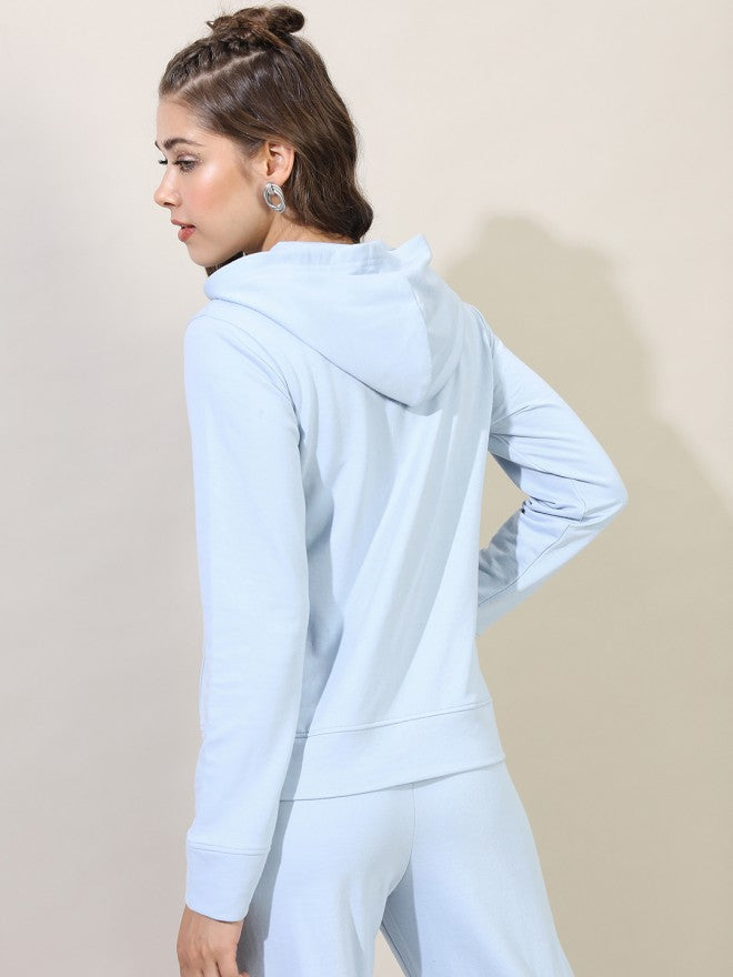 Tokyo Talkies Women Blue Solid Front Open Hood Sweatshirt - Blue - Image 2