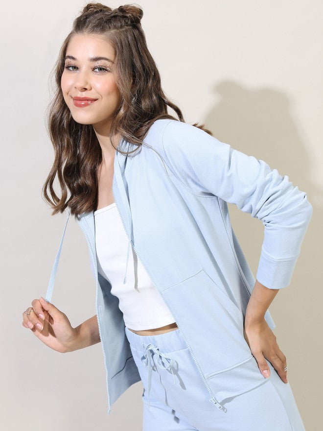 Tokyo Talkies Women Blue Solid Front Open Hood Sweatshirt - Blue - Image 4