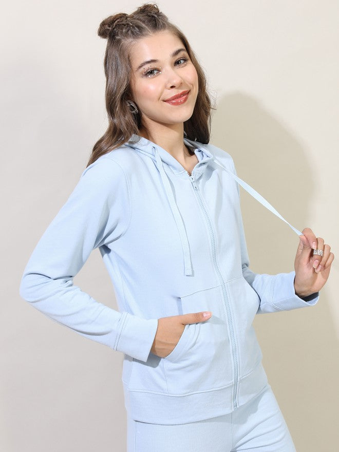 Tokyo Talkies Women Blue Solid Front Open Hood Sweatshirt - Blue - Image 5