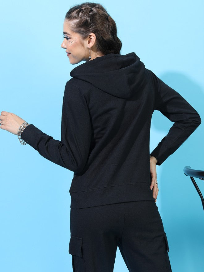 Tokyo Talkies Women Black Solid Front Open Hood Sweatshirt - Black - Image 2