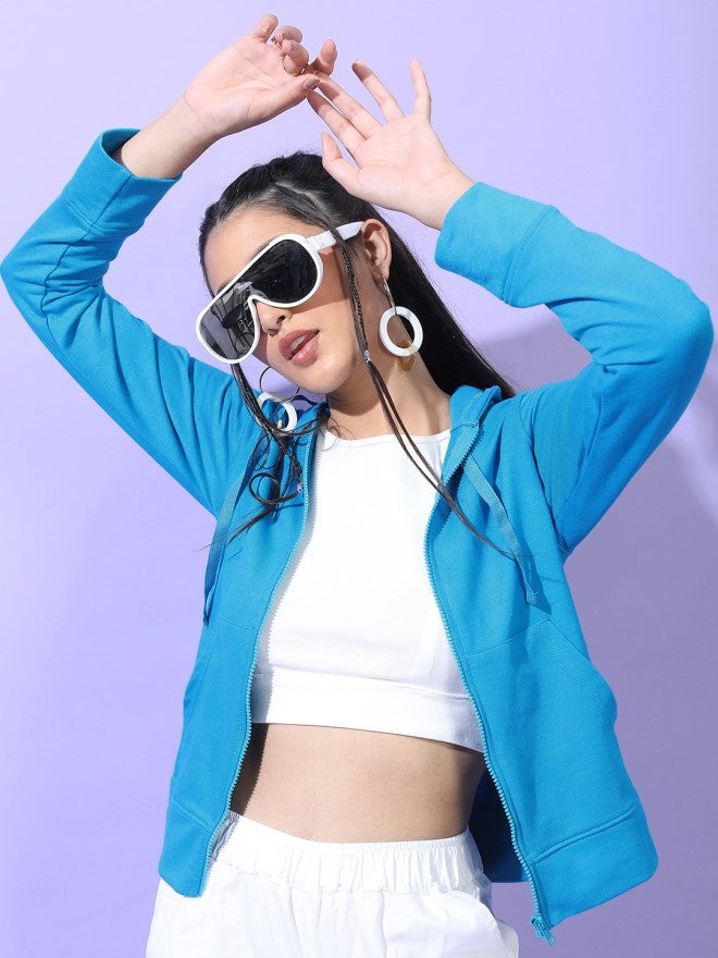 Tokyo Talkies Women Blue Solid Front Open Hood Sweatshirt - Blue - Image 4