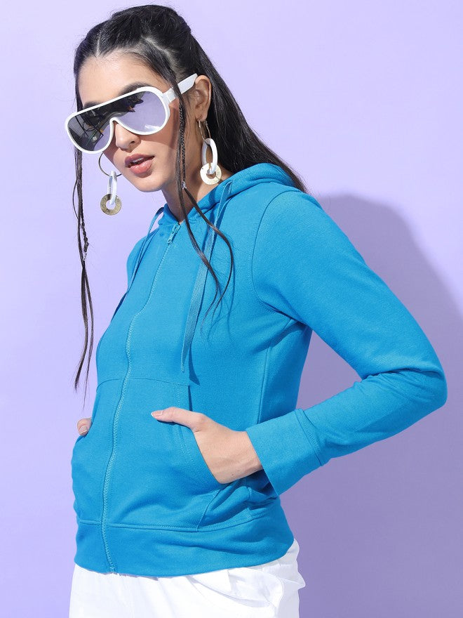 Tokyo Talkies Women Blue Solid Front Open Hood Sweatshirt - Blue - Image 5