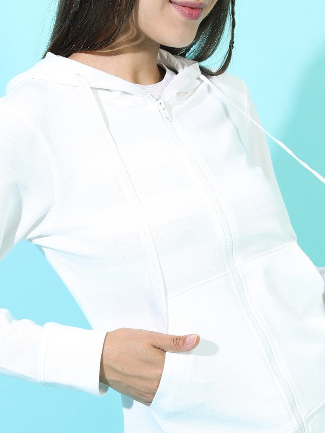 Tokyo Talkies Women White Solid Front Open Hood Sweatshirt - White - Image 3