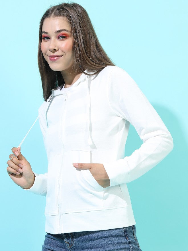 Tokyo Talkies Women White Solid Front Open Hood Sweatshirt - White - Image 4