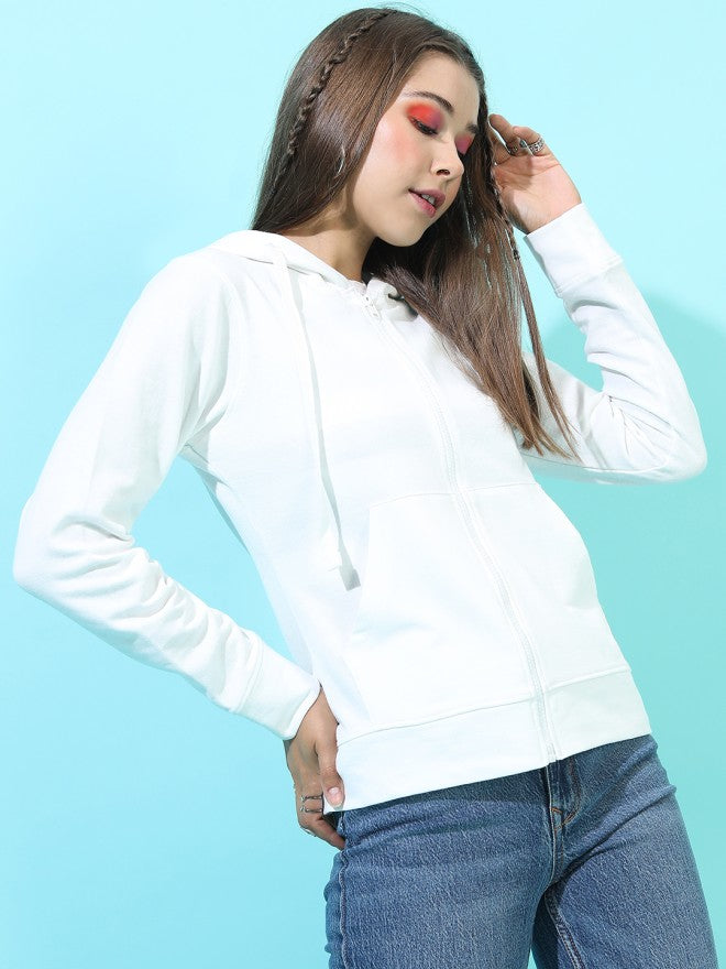 Tokyo Talkies Women White Solid Front Open Hood Sweatshirt - White - Image 5