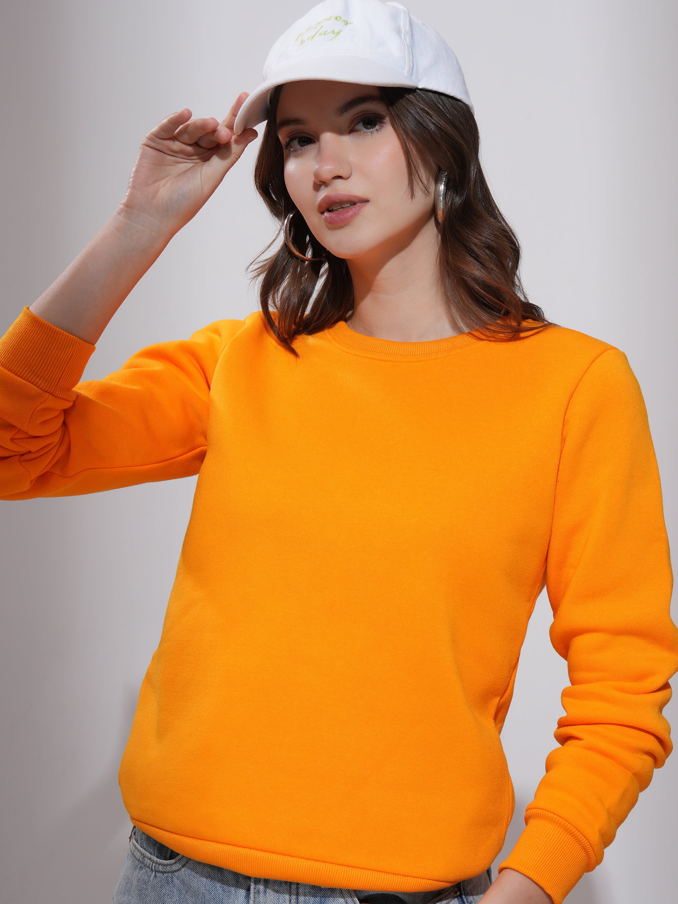 Tokyo Talkies Women Orange Solid Pullover Round Neck Sweatshirt - Orange - Image 1