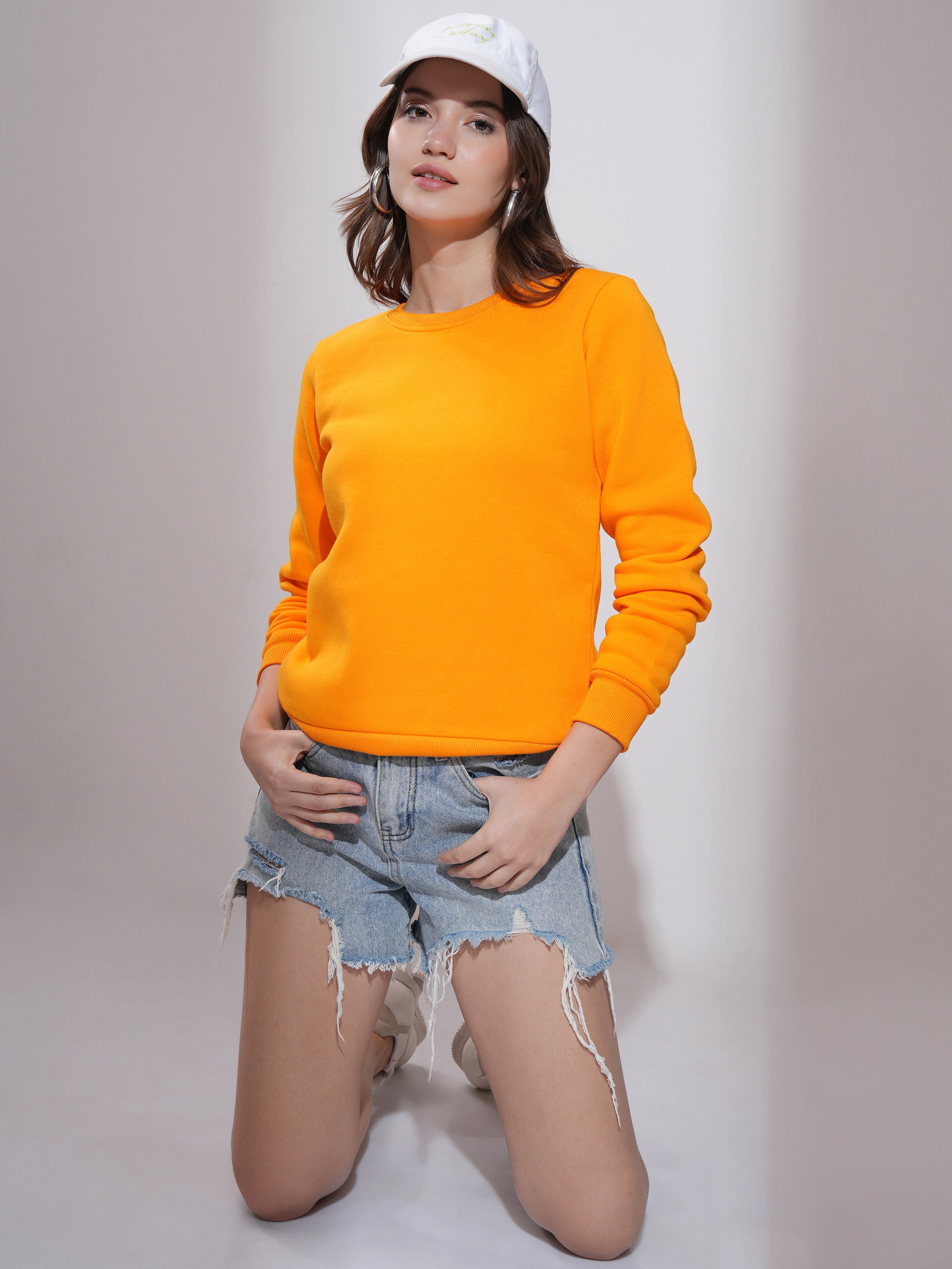 Tokyo Talkies Women Orange Solid Pullover Round Neck Sweatshirt - Orange - Image 2