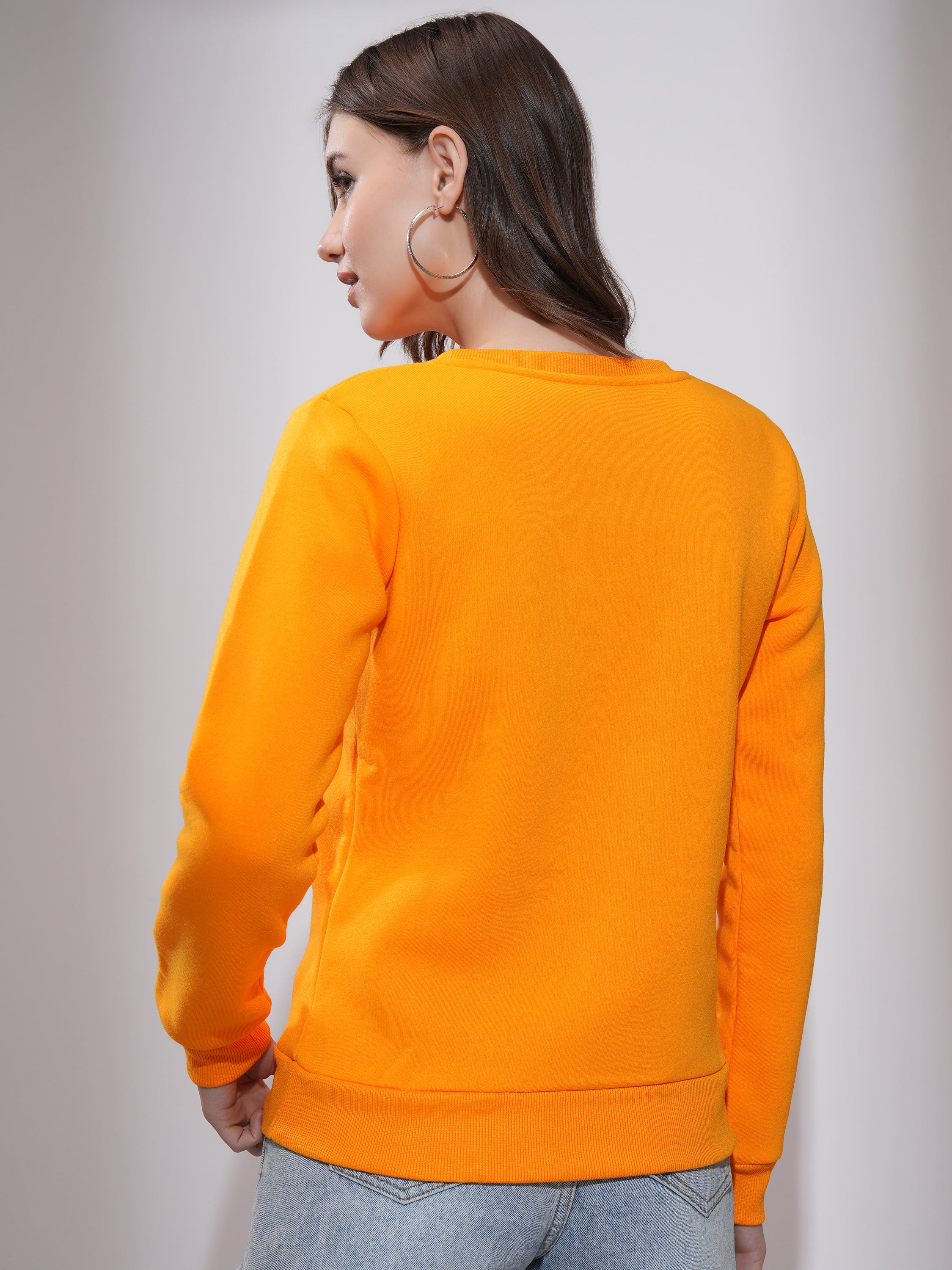 Tokyo Talkies Women Orange Solid Pullover Round Neck Sweatshirt - Orange - Image 3