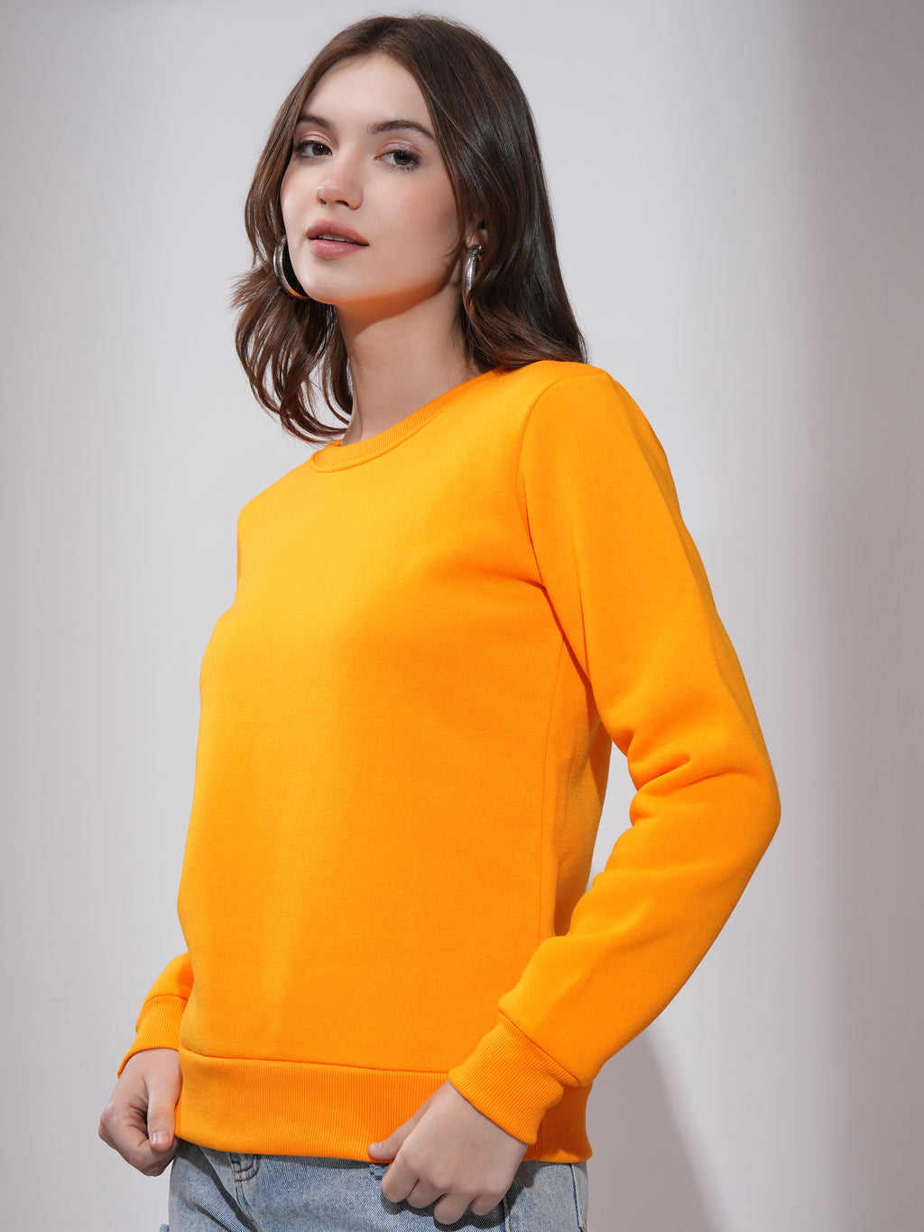 Tokyo Talkies Women Orange Solid Pullover Round Neck Sweatshirt - Orange - Image 4