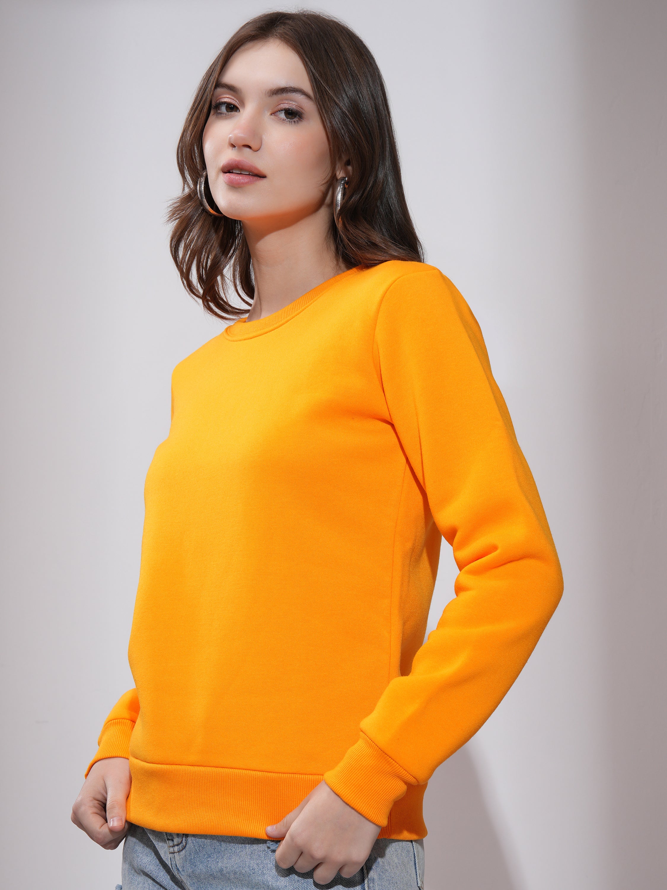 Tokyo Talkies Women Orange Solid Pullover Round Neck Sweatshirt - Orange - Image 4