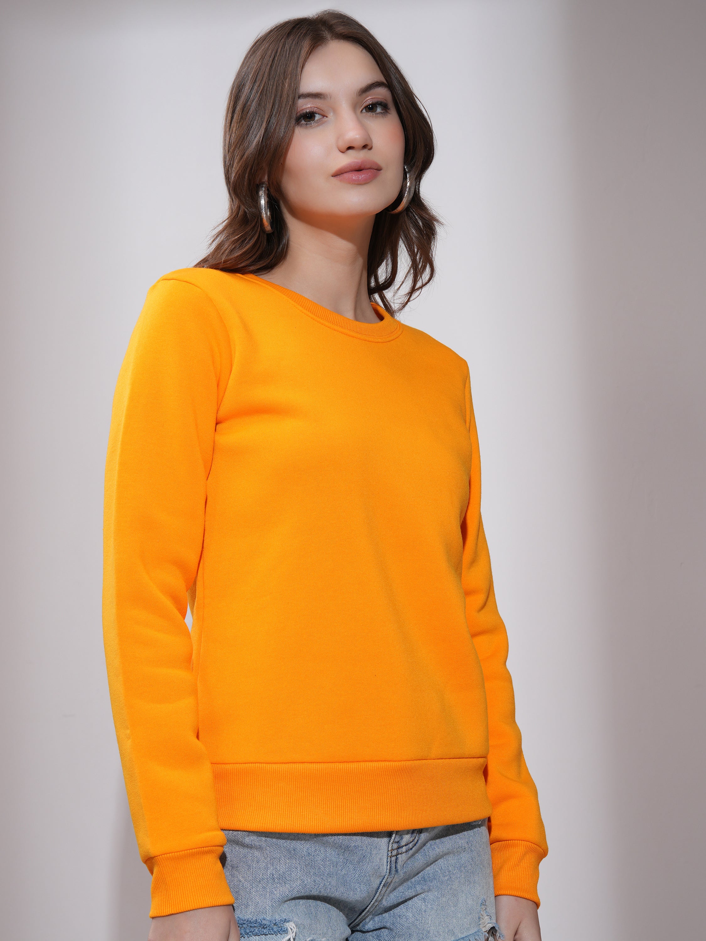Tokyo Talkies Women Orange Solid Pullover Round Neck Sweatshirt - Orange - Image 6