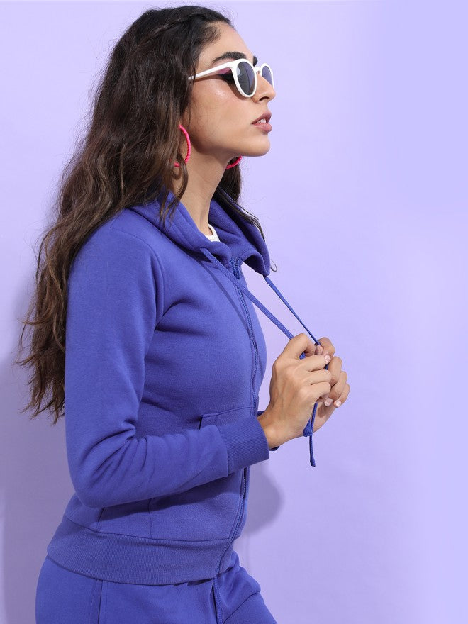 Tokyo Talkies Women Blue Solid Front Open Hood Sweatshirt - Blue - Image 5