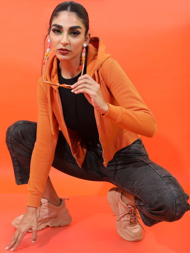 Tokyo Talkies Women Rust Solid Front Open Hood Sweatshirt - Rust - Image 1
