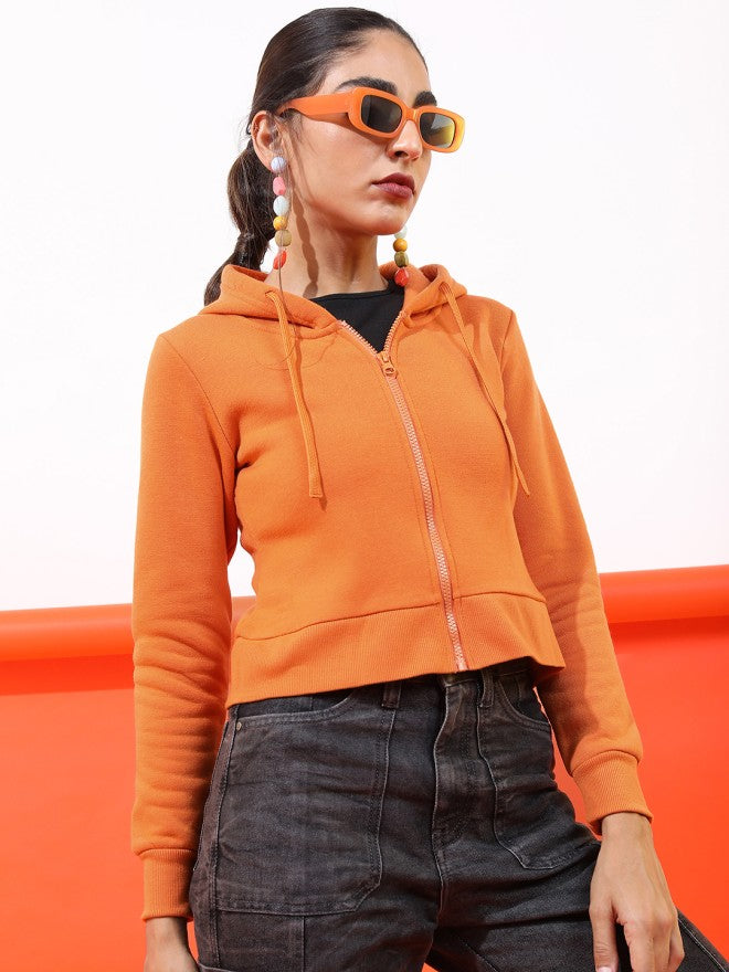 Tokyo Talkies Women Rust Solid Front Open Hood Sweatshirt - Rust - Image 4