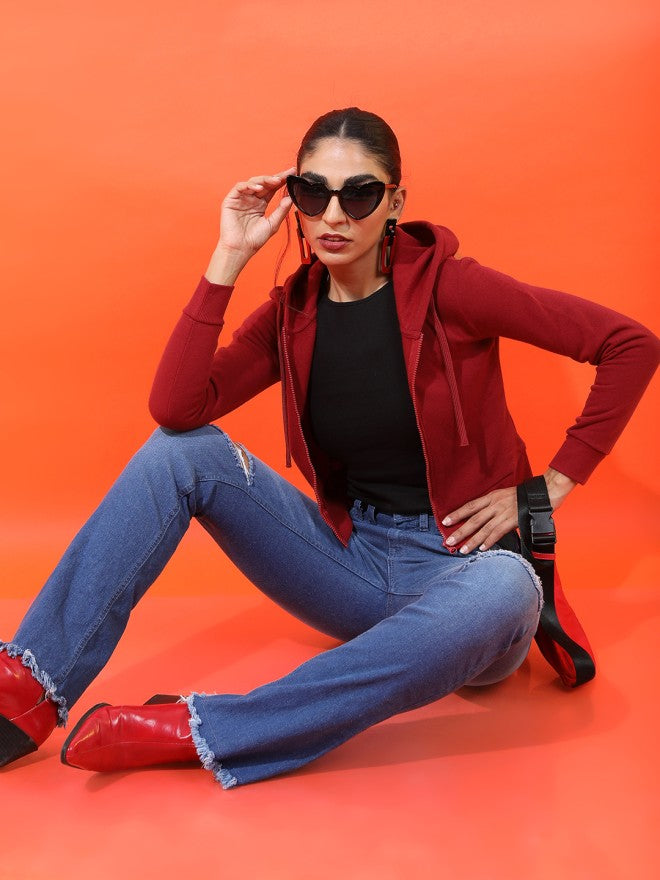 Tokyo Talkies Women Maroon Solid Front Open Hood Sweatshirt - Maroon - Image 1