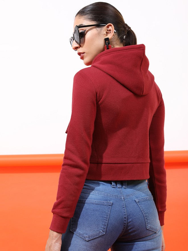 Tokyo Talkies Women Maroon Solid Front Open Hood Sweatshirt - Maroon - Image 2