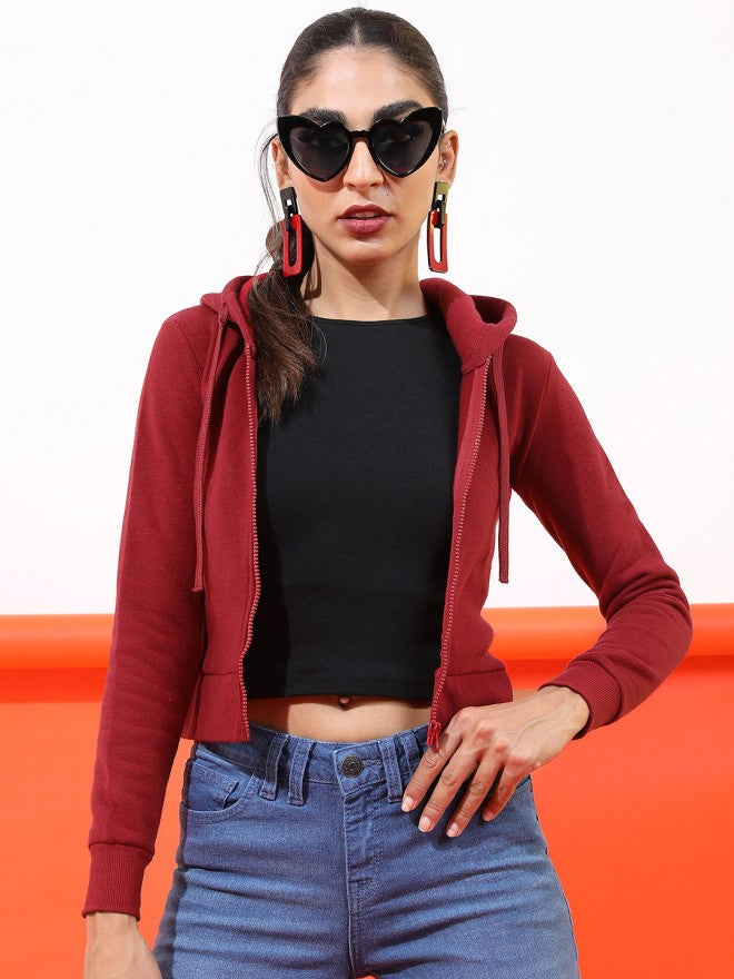 Tokyo Talkies Women Maroon Solid Front Open Hood Sweatshirt - Maroon - Image 3