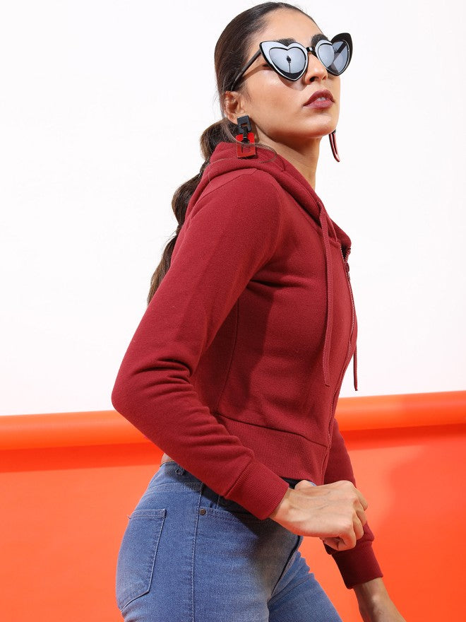 Tokyo Talkies Women Maroon Solid Front Open Hood Sweatshirt - Maroon - Image 5